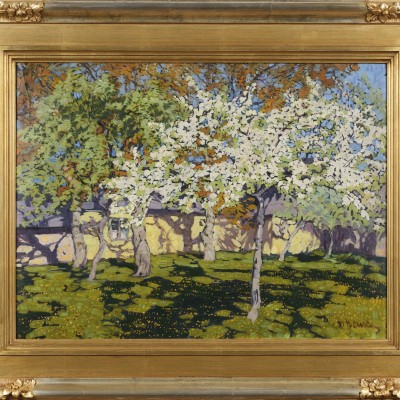 Jabloňový sad s pampeliškami