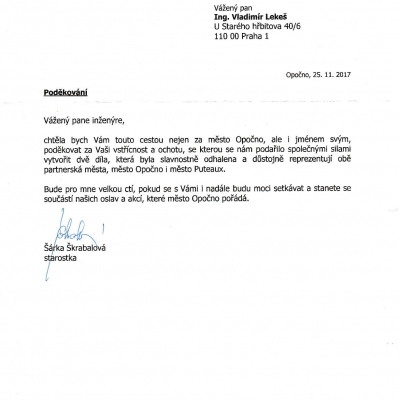 Thankful Acknowledgment to Vladimír Lekeš from the mayor of Opočno